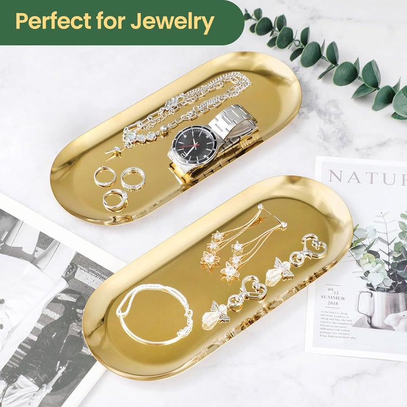 Wikapy 2PACK Gold Decorative Tray, Bathroom Vanity Tray for Dresser Counter, Stainless Steel Jewelry Dish Tray for Decor, Perfume Ring Key Candle Organizer Tray, Oval - Image 5